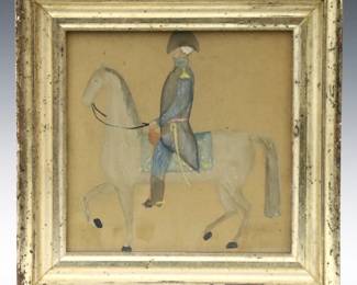 A 19th century Pennsylvania Folk Art painting of George Washington on horseback.  Watercolor and ink on wove paper.  Some toning and very slight foxing, some fading to paint, not examined out of frame.  Image 7 x 7" high, in a Gilded wood frame with some wear, 10 1/4 x 10" high overall.    NOTE: From the Collection of Connie Covent, "Sign of the Windsor Chair" Antiques, Clarkston, Michigan.