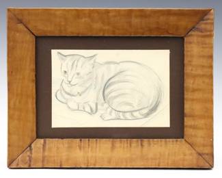 A 19th century American Folk Art pencil on paper drawing of a cat.  Mounted, slight toning and foxing, not examined out of frame.  Image 6 x 4" high, in a curly Maple frame, 10 3/4 x 8 1/4" high overall.    NOTE: From the Collection of Connie Covent, "Sign of the Windsor Chair" Antiques, Clarkston, Michigan.