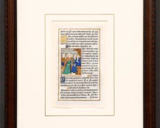 A 16th century Illuminated Manuscript leaf on vellum from a French Book of Hours.  Hand-written Latin text with polychrome tempera illuminations and Gilded detail beside a miniature painting depicting several Saints on the recto and The Mocking of Christ verso.  Minor rippling to vellum, minor foxing and toning, not examined out of frame.  Leaf 4 1/4 x 7" high, in a double sided molded wood frame, 12 3/4 x 15 3/4" high overall.