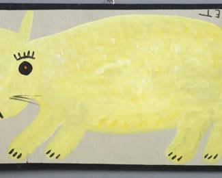 Moses Ernest Tolliver, American (Alabama), 1925-2006.  A late 20th century house paint on plywood panel painting depicting a Yellow cat.  Signed "MOSET" upside down with characteristic backwards "S" upper right, pop can tab hanger verso.  Minor wear to paint at edges.  Panel 24 1/4 x 12 1/4" high overall.