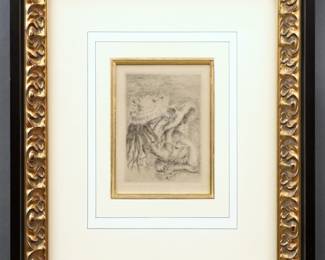Pierre Auguste Renoir, French, 1841-1919.  Etching on wove paper titled, “Le Chapeau Epingle".  Signed "Renoir" in the plate lower left, annotated tag in French frame verso.  Toning, not examined out of frame.  Plate 3 3/8 x 4 7/8" high, in a modern composite frame, 12 1/2 x 14 3/4" high overall.
