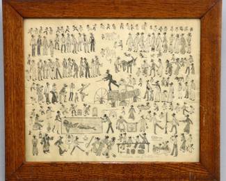 Attributed to Marriet McGeath, American (Indiana), 20th century.  An early 20th century graphite on paper drawing, titled "Auction in Darktown".  Depicts numerous small, detailed Black figures at a country auction.  Unsigned, titled lower right.  Toning, some creasing and very slight foxing, not examined out of frame.  Image 16 1/2 x 13 1/2" high, framed 20 1/2 x 17 1/2" high overall.