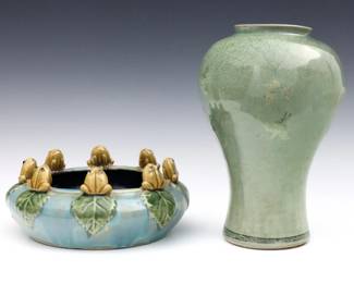 Two pieces of 19th and 20th century Asian Pottery.  Includes an earlier Korean Celadon vase with crackle glaze, and a later Chinese low bowl with seated frogs.  Bowl impressed "QM990412" at underside, vase unmarked.  Vase with some wear to decoration, bowl with some crazing.  10 1/2" high and 9" diameter.
