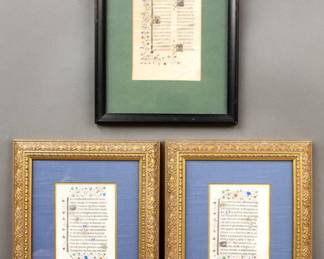 Three 15/16th century Illuminated Manuscript leaves on vellum from the "Book of Hours".  Hand-written Latin text with polychrome tempera illuminations and Gilded detail.  Rippling to vellum, minor foxing and toning, double columned leaf mounted in a frame with surface wear, not examined out of frames.  Images 4 x 6" high and 4 1/4 x 6 1/2" high, in modern frames (two double sided) up to 10 x 12 1/2" high overall.