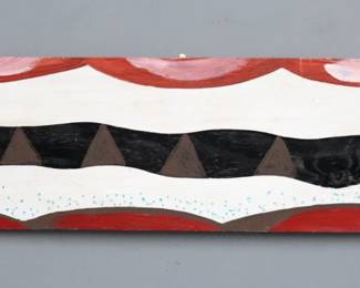 Reuben Aaron Miller, American (Georgia), 1912-2006.  A late 20th century mixed media painting on plywood depicting a Snake.  Signed "RA Miller" lower right.  Minor wear to paint and surface grunge.  45 x 10 3/4" high overall.