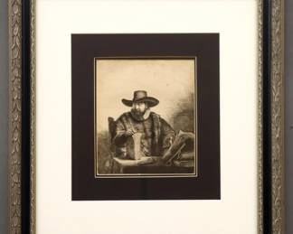 Rembrandt van Rijn, Dutch, 1606-1669.  Etching with drypoint on laid paper, titled "Cornelis Claesz Anslo, Preacher".  Bears chain lines and partial Fleur de Lis or variant of the "Strasbourg Lily" watermark without initials mid left of image, nail in wall apparent upper right.  Signed "Rembrandt f." and dated "1641" in the plate mid right.  Sheet trimmed within plate mark, some toning and minor foxing.  Image 6 1/8 x 7 1/4" high.