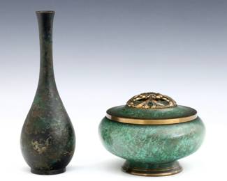 Two early to mid 20th century Nordic Bronze pieces.  Includes a Danish Art Deco covered bowl by Carl Sorensen and a Finish slender vase by SSKK with Green patinated finishes.  Bowl with incised "Carl Sorensen" signature and maker's mark, vase impressed "SSKK" with stick figure at underside.  Minor surface wear.  6" diameter and 9" high.