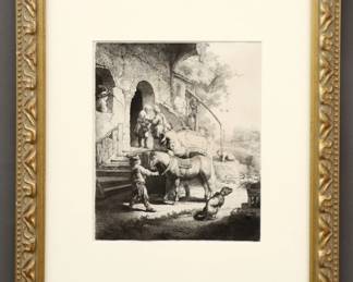 Rembrandt van Rijn, Dutch, 1606-1669.  Etching with drypoint on laid paper, titled "The Good Samaritan".  Possibly an early state, bears chain lines and partial variant of the "Strasbourg Lily" watermark without visible crown or initials mid left of image extending into margin, before hatching on horse tail and lower signature/date.  Has a 1 1/3" taped tear to paper at bottom extending 5/8" into image, 5/8" tear to lower left margin only, pinpoint size hole at horse's saddle noted when back lit, minor toning and foxing.  Image 8 x 9 1/2" high on 9 5/8 x 11 1/8" high paper.