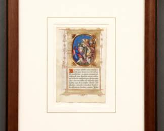 A 16th century Illuminated Manuscript leaf on vellum from a French Book of Hours, made in workshop of Germain Hardouyn, Paris, c. 1532.  Latin text with polychrome tempera illuminations and Gilded detail below a miniature painting depicting The Garden of Gethsemane.  Printed label from Charles Edwin Puckett Manuscripts, Akron, Ohio frame verso.  Rippling to vellum, minor foxing and toning, not examined out of frame.  Leaf 4 1/8 x 6 1/4" high, in a modern molded wood frame with slight wear, 13 x 16" high overall.
