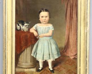A 19th century American oil on canvas portrait of a girl with kitten.  Depicted standing in a Victorian parlor by a draped column wearing a Blue dress with an obscured background beyond an open window.  Unsigned.  Heavy varnish with craquelure, slight staining, minor loss to paint at edges.  Image 16 x 20 1/2" high, in a Gilt wood frame with some wear, 22 x 26 1/2" high overall.