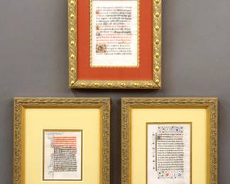 Three 15/16th century Illuminated Manuscript leaves on vellum from the "Book of Hours".  Hand-painted Latin text with polychrome tempera illuminations and Gilded detail at recto and verso.  Rippling to vellum, minor foxing and toning, not examined out of frames.  Images up to 4 1/2 x 6 1/2" high, in modern double sided frames, up to 9 1/2 x 11 1/2" high overall.