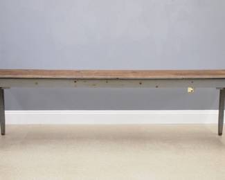 A turn of the century American painted Farmhouse table.  Pine construction with a two-board top and simple tapered legs.  Original Grey painted finish on base.  Overall wear, some stains on top.  23 x 121 x 30 3/4" high overall.