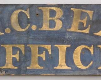 A turn of the century wooden Trade Sign advertising "Dr. H C. Bean's Office".   Single sided painted wooden sign with Gold lettering on a Blue schmaltz background.  Some surface wear.  44" long x 11 1/2" high overall.