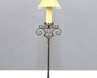 An early 20th century Gothic Revival Period floor lamp.  Wrought iron construction on a tripod base with custom Silk shade.  Rewired, slight wear.  63" high overall.