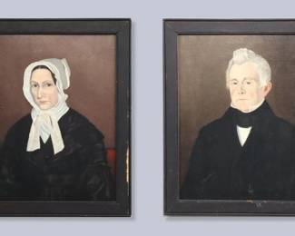 A pair of early 19th century American oil on canvas portraits of Peter Mills and Joanna (Porter) Mills of Windsor Connecticut.  Each depicted seated in Red chairs wearing Black attire.  Unsigned, annotated verso, lot includes several 19th century handwritten documents with family information.  Canvas mounted, minor wear to paint and craquelure, minor surface grunge.  Images 23 1/2 x 19" high, in painted softwood frames with some wear, 29 1/4 x 34 1/4" high overall.