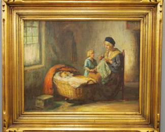 Charles E. Waltensperger, American, 1870-1931.  A turn of the century oil on canvas interior scene, titled "Mother Love".  Depicts a mother seated with sewing in hand by her young child and infant in a cradle.  Signed "Charles Waltensperger" lower left, additionally signed and titled verso.  Some surface grunge.  Image 19 1/2 x 15 1/2" high, in its original Gilded wood frame, 27 x 23" high overall.