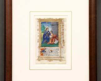 A 16th century Illuminated Manuscript leaf on vellum from a French Book of Hours, made in workshop of Germain Hardouyn, Paris, c. 1532.  Latin text with polychrome tempera illuminations and Gilded detail below a miniature painting depicting The Visitation.  Printed label from Charles Edwin Puckett Manuscripts, Akron, Ohio frame verso.  Rippling to vellum, minor foxing and toning, not examined out of frame.  Leaf 4 1/8 x 6 1/4" high, in a modern molded wood frame, 13 x 16" high overall.