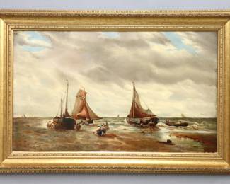 William Joy, British, 1803-1867.  A mid 19th century oil on canvas seascape.  Depicts a shoreline with several small boats and figures.  Signed "W. Joy" lower left.  Canvas lined, minor craquelure, some surface grunge.  Image 29 1/2 x 17 1/2" high, in a Gilt wood frame with minor wear, 35 1/2 x 23 1/2" high overall.