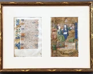 Two 15th century Illuminated Manuscript leaves on vellum from an Italian or Flemish "Book of Hours", c. 1450.  Latin text with polychrome tempera illuminations and Gilded detail, includes one text leaf and one miniature painting depicting The Pentecost.  Annotation in pencil lower right of text leaf reading "Italy XV Century" additional notes to frame verso.  Rippling to vellum, some foxing and toning, miniature with some small tears and restored lower left corner, not examined out of frame.  Images each 3 1/4 x 4 3/4" high, in a modern Gilt wood frame, 10 3/4 x 8 1/4" high overall.