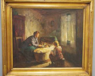 Charles E. Waltensperger, American, 1870-1931.  A turn of the century oil on canvas interior scene, titled "Dutch Interior".  Depicts a mother with her young child feeding a cradled infant.  Signed "Charles Waltensperger" lower right, additionally signed, titled and annotated "Laren, N. Holland" verso.  Slight surface grunge.  Image 27 1/2 x 23 1/2" high, in its original Gilded wood frame, 35 1/2 x 31 1/2" high overall.