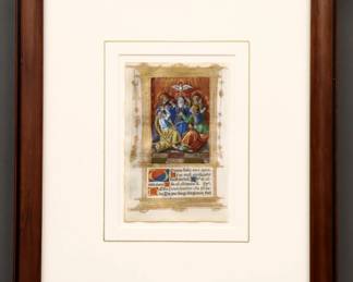 A 16th century Illuminated Manuscript leaf on vellum from a French Book of Hours, made in workshop of Germain Hardouyn, Paris, c. 1532.  Latin text with polychrome tempera illuminations and Gilded detail below a miniature painting depicting The Pentecost.  Printed label from Charles Edwin Puckett Manuscripts, Akron, Ohio frame verso.  Minor rippling to vellum, minor foxing and toning, not examined out of frame.  Leaf 4 x 6 1/2" high, in a modern molded wood frame, 13 x 16" high overall.