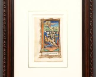 A 16th century Illuminated Manuscript leaf on vellum from a French Book of Hours, made in workshop of Germain Hardouyn, Paris, c. 1510.  Latin text with polychrome tempera illuminations and Gilded detail below a miniature painting depicting The Betrayal and Arrest of Christ from The Passion.  Printed label from Charles Edwin Puckett Manuscripts, Akron, Ohio frame verso.  Minor rippling to vellum, minor foxing and toning, not examined out of frame.  Leaf 4 1/4 x 7" high, in a modern molded wood frame, 14 1/8 x 17 1/8" high overall.