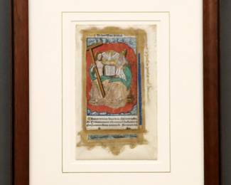 A 16th century Illuminated Manuscript leaf on vellum from a French Book of Hours, made in workshop of Simon Vostre, Paris, c. 1505.  Latin text with polychrome tempera illuminations and Gilded detail below a miniature painting depicting The Holy Trinity.  Printed label from Charles Edwin Puckett Manuscripts, Akron, Ohio frame verso.  Minor rippling to vellum, minor foxing and toning, not examined out of frame.  Leaf 5 x 8 1/4" high, in a modern molded wood frame, 13 x 16" high overall.