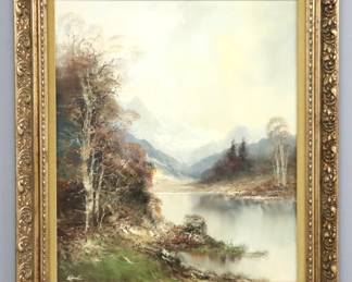 Kort, German, b. 1928.  A mid 20th century oil on canvas landscape.  Depicts an Alpine landscape with a lake in the foreground.  Signed "Kort" lower left, retains papers labels from "W.T. Burger Co." with artist bio verso.  Some surface grunge, a few small flakes to paint.  Image 23 x 27" high, in a Gilt wood frame, 30 1/2 x 34 1/2" high overall.