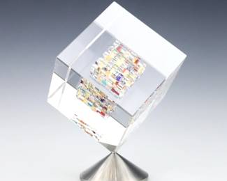 Jon Kuhn, American, b. 1949.  A contemporary Art Glass sculpture, titled "Bright View".  Clear spinning cube with internal multi-color mosaic on a flared brushed Chrome base.  Signed "Jon Kuhn", dated "2003" and titled "Bright View" at underside.  Minor wear.  10 1/2" high.