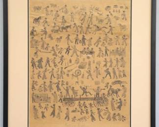 Attributed to Marriet McGeath, American (Indiana), 20th century.  An early 20th century graphite on paper drawing, titled "Auction in Darktown".  Depicts numerous small, detailed Black figures at a country auction.  Unsigned, titled lower center.  Toning, some rippling and very slight foxing, not examined out of frame.  Image 18 1/4 x 23" high, in a contemporary frame, 27 3/4 x 32 3/4" high overall.