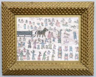 Attributed to Marriet McGeath, American (Montpelier, Indiana), 20th century.  An early 20th century casein on linen painting, untitled "Darktown" series.  Depicts numerous small, detailed Black figures engaged in fun winter activities.  Unsigned.  Wrinkling to linen, not examined out of frame.  Image 18 x 12 3/4" high, in a period Tramp Art frame with slight wear, 27 x 21" high overall.