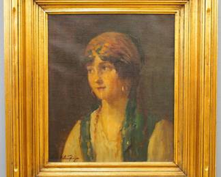 Charles E. Waltensperger, American, 1870-1931.  A turn of the century oil on canvas portrait, titled "Italian Girl".  Depicts a young woman quarter length wearing a White dress and floral head scarf.  Signed "Charles Waltensperger" lower left, additionally signed and titled verso.  Some staining and slight surface grunge.  Image 11 1/2 x 13 1/2" high, in its original Gilded wood frame, 19 1/4 x 21 1/4" high overall.