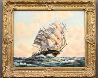 George H. Wheatley, American, b. 1895.  A mid 20th century oil on canvas seascape depicting a clipper ship heeling over at sea.  Signed "G.H. Wheatley" lower right, annotated titled "Heeling Over" at stretcher verso.  Craquelure, some surface grunge, minor paint transfer from frame at edges.  Image 19 1/2 x 15 1/2" high, in a Gilt wood frame, 25 1/2 x 21 1/2" high overall.