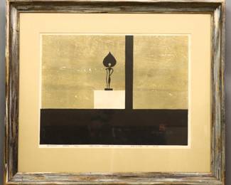 Kyoshi Saito, Japanese, 1907-1997.  A mid 20th century woodblock in color, titled "Butsuzo (Buddhist) Nara".  Signed "Kyoshi Saito" with seal image lower right, titled, numbered "19/150" and dated "Design Made in 1955 / Printed in 1956" in lower margin.  Some toning.  Image 19 3/4 x 14 3/4" high, framed 29 3/4 x 25" high overall.