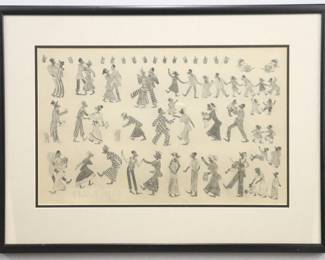 Attributed to Marriet McGeath, American (Indiana), 20th century.  An early 20th century graphite on paper drawing, titled "Darktown Wedding".  Depicts numerous small, detailed Black figures celebrating.  Unsigned, titled lower left.  Toning, very slight foxing, wear to paper at title likely from artist, not examined out of frame.  Image 21 1/2 x 13 1/2" high, in a contemporary frame with slight wear, 29 x 21 1/2" high overall.