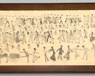 Attributed to Marriet McGeath, American (Montpelier, Indiana), 20th century.  An early 20th century graphite on paper drawing, titled "Watermelon Time in Darktown".  Depicts numerous small, detailed Black figures dancing.  Unsigned, titled lower right.  Toning and foxing, not examined out of frame.  Image 35 1/2 x 15 3/4" high, in a softwood frame with some wear, 39 1/2 x 19 3/4" high overall.