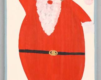 Moses Ernest Tolliver, American (Alabama), 1925-2006.  A late 20th century house paint on plywood panel painting depicting a waving Black Santa with Green eyes.  Signed "MOSET" with characteristic backwards "S" lower right, pop can tab hanger verso.  Minor surface grunge.  Panel 12 x 24" high overall.    NOTE: Lot includes photographs of the artist painting and holding the work.