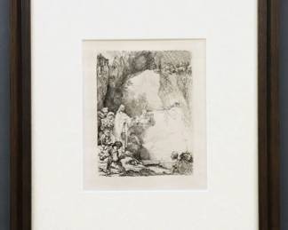 Rembrandt van Rijn, Dutch, 1606-1669.  Etching with drypoint on laid paper, titled "The Raising of Lazarus" (Small Plate).  Bears chain lines with Crown and Shield watermark having "AM" initials mid image, before addition of vertical lines to Lazarus' forehead.  Signed "Rembrandt f." and dated "1642" in the plate lower left.   A few pinpoint size holes noted when back lit, minor toning and foxing.  Image 4 1/2 x 5 3/4" high on 10 3/4 x 12" high paper.
