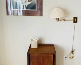 night stand, lamp, art
