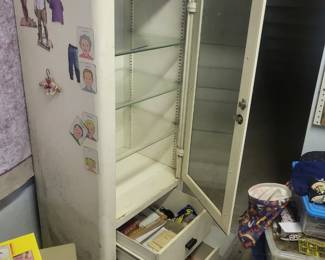 Vintage metal cabinet w/glass shelves & drawers