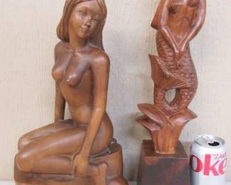 Wooden Nude Lady & Mermaid Statues