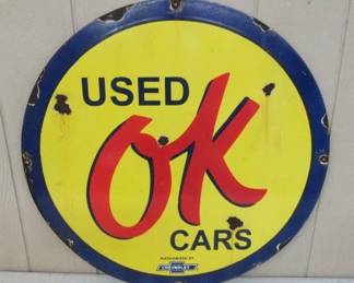 30" Porcelain OK Used Cars Sign - Single Sided