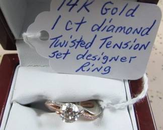 14K Gold 1 ct Diamond Twisted Tension Set Designer Ring