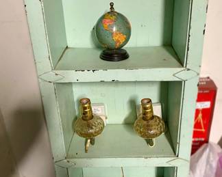 Shabby chick 3 tier shelf, marble base antique wall sconces, vintage mini globe