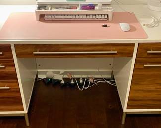 Modern office desk with two drawers, filing cabinet drawer, keyboard shelf, and large and small closed shelf