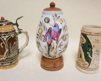 1233	GERMAN PORCELAIN TOBACCO HUMIDOR & STEINS, TALLEST APPROXIMATELY 10 1/2 IN
