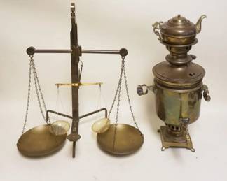 1149	LARGE BRASS SCALE & BRASS SAMOVAR, TALLEST APPROXIMATELY 22 IN HIGH
