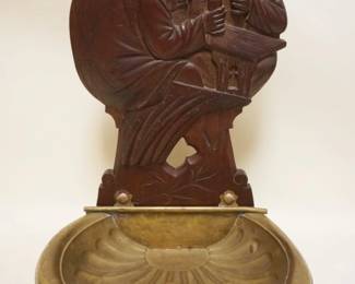 1244	LARGE BRASS SHELL SHAPED TRAY W/ATTACHED CARVED WALNUT PUB SCENE, APPROXIMATELY 16 IN X 14 IN X 22 IN
