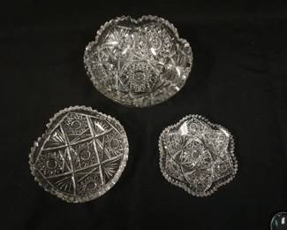 1145	BRILLIANT CUT GLASS 3 PIECE GROUP OF ASSORTED BOWLS, LARGEST APPROXIMATELY 7 IN X 3 IN
