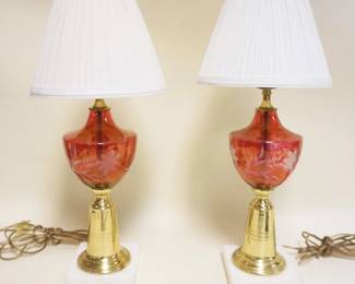 1039	PAIR TABLE LAMPS W/CRANBERRY WHEEL CUT FONTS ON BRASS & MARBLE BASE, APPROXIMATELY 19 IN HIGH
